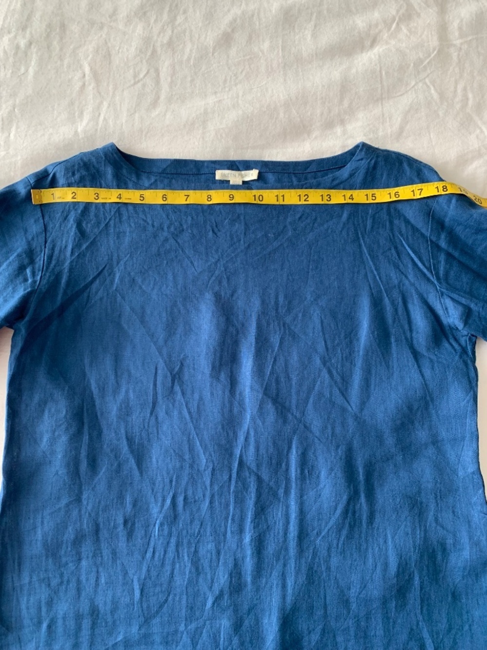 Eileen Fisher Blue Organic Linen Bateau Neck Boxy 3/4 Sleeve Top XXS - Picture 9 of 10